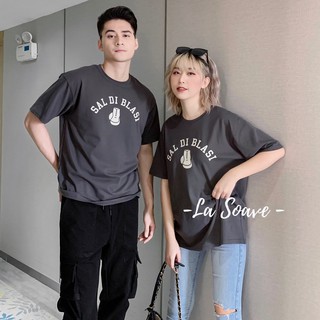 Áo thun nam nữ LA SOAVE màu xám in chữ đơn giản form rộng tay lỡ dáng Ulzzang - Thương nhau gấp bội