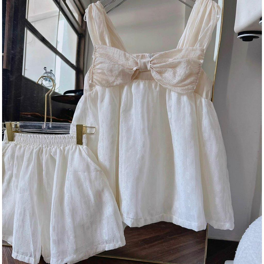 SET ÁO NUDE DÂY BẢN PHỐI NƠ + SHORT