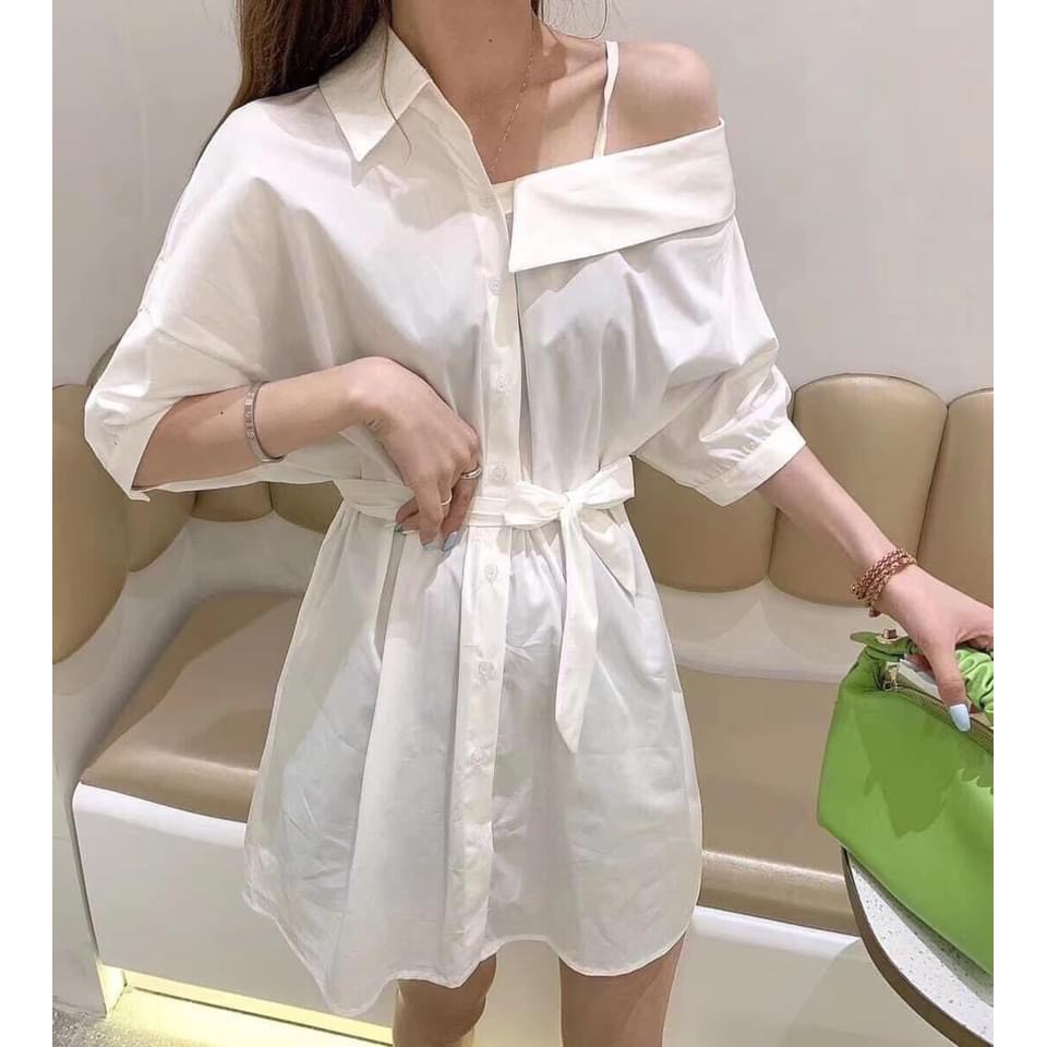 🌼Váy sơ mi lệch vai nữ trắng [FEESHIP] 🌼JOLIE🌼 Đầm sơ mi nữ buộc eo so hot 🌼