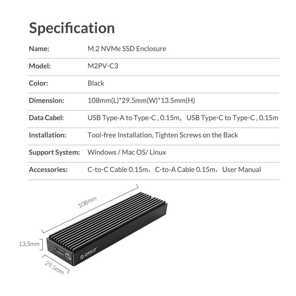 Hộp ổ cứng M2 ORICO M2PV-C3-BK NVMe M.2 SSD Tốc độ 10Gbps