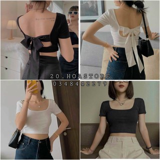 Áo croptop cổ u hở lưng thắt nơ sau tay ngắn màu trắng đen - croptop cổ vuông cột nơ sau lưng