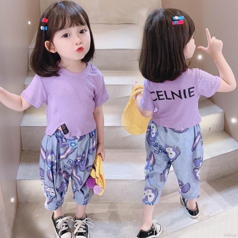 Bộ đồ áo tay ngắn cổ tròn và quần dáng rộng họa tiết hoạt hình phong cách Hàn Quốc xinh xắn cho bé gái