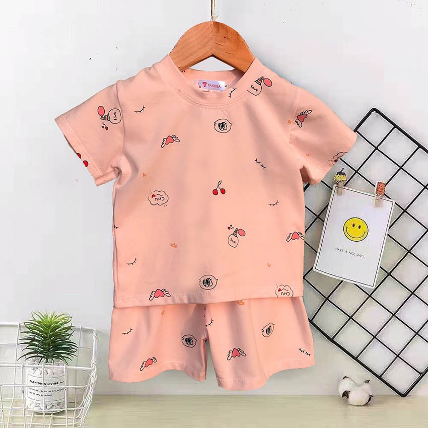 TANOSA KIDS Bộ Cộc Tay Cho Bé Gái Hình Qủa Cherry Chất Cotton Mềm Mịn Thoáng Mát 1-5 Tuổi