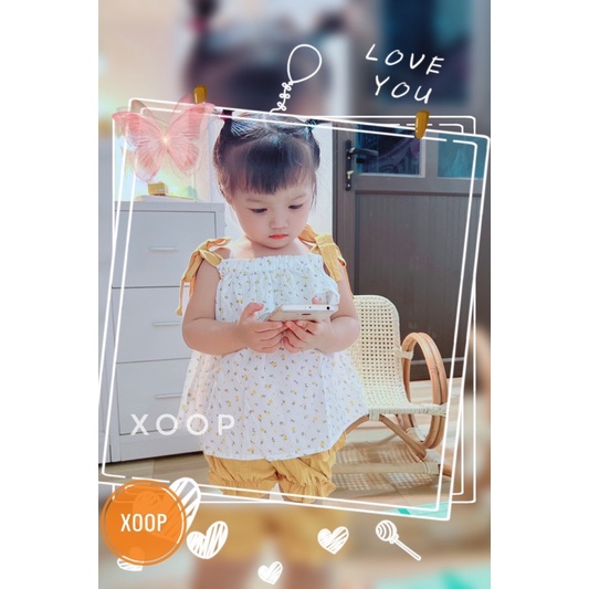 Bộ cộc thô  hoa nhí 2dây buộc nơ cho bé gái
