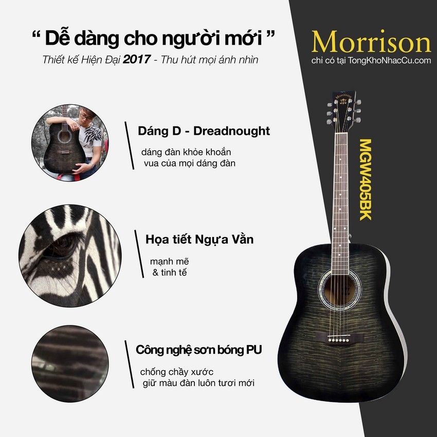 Đàn Guitar Acoustic Morrison G10CBK + Khoá học Guitar Hiển râu | Gỗ Thịt | Tặng kèm Full phụ kiện (capo,pick,bao đựng)