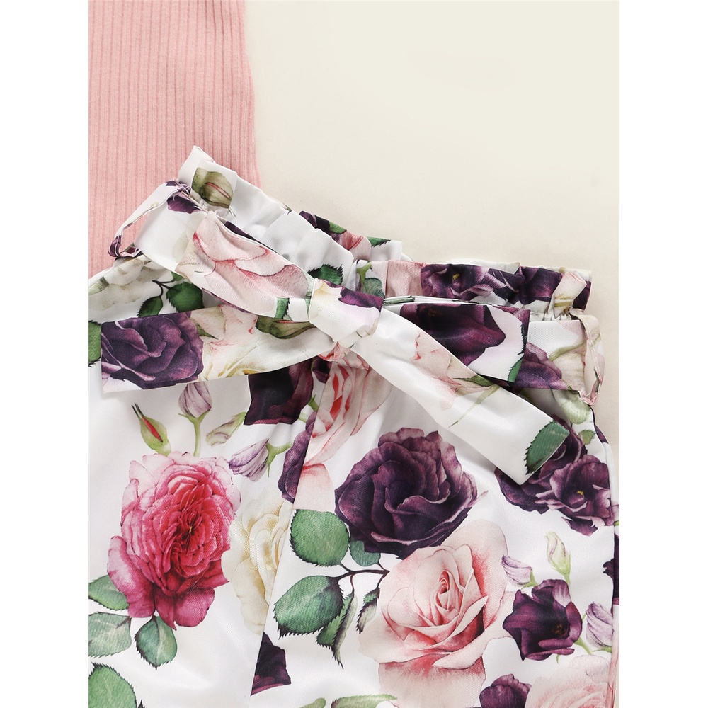 Set trang phục 3 món MIKRDOO gồm áo liền quần diềm xếp nếp màu trơn quần ngắn in hoa và băng đô