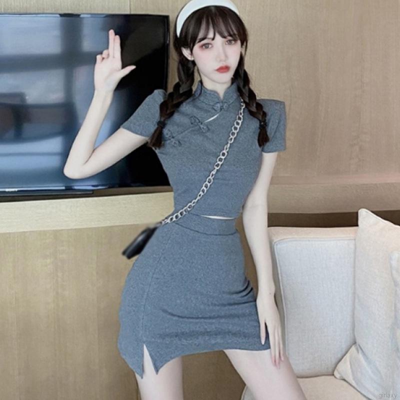 Set Áo Sườn Xám Ngắn Tay + Chân Váy Ôm Gợi Cảm Cho Nữ