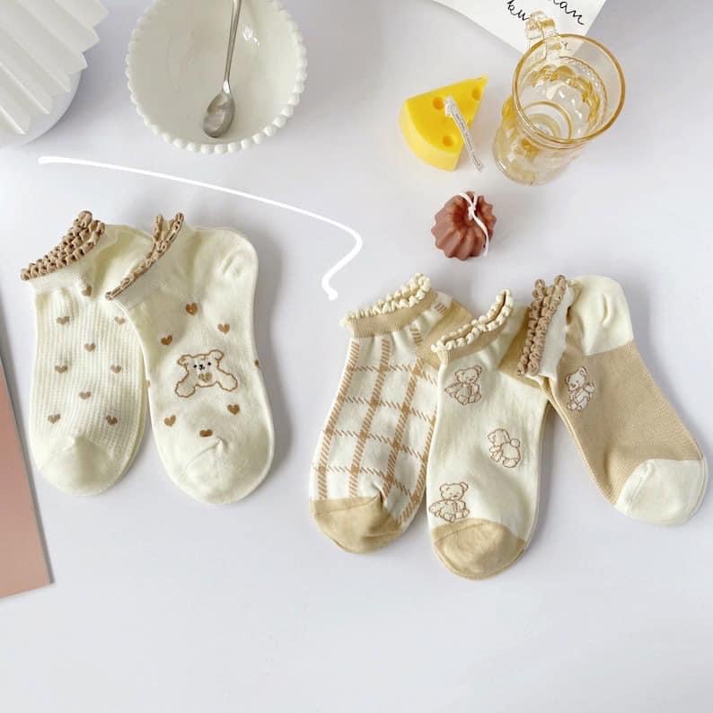 LỐ 10 ĐÔI TẤT GẤU NÂU VIỀN BÈO PHỐI MÀU SIÊU XINH CHO NỮ