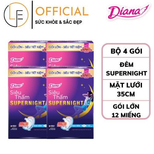 [Bộ 4 Gói lớn] Băng Vệ Sinh Diana Super Night Ban Đêm 35cm - 12 Miếng