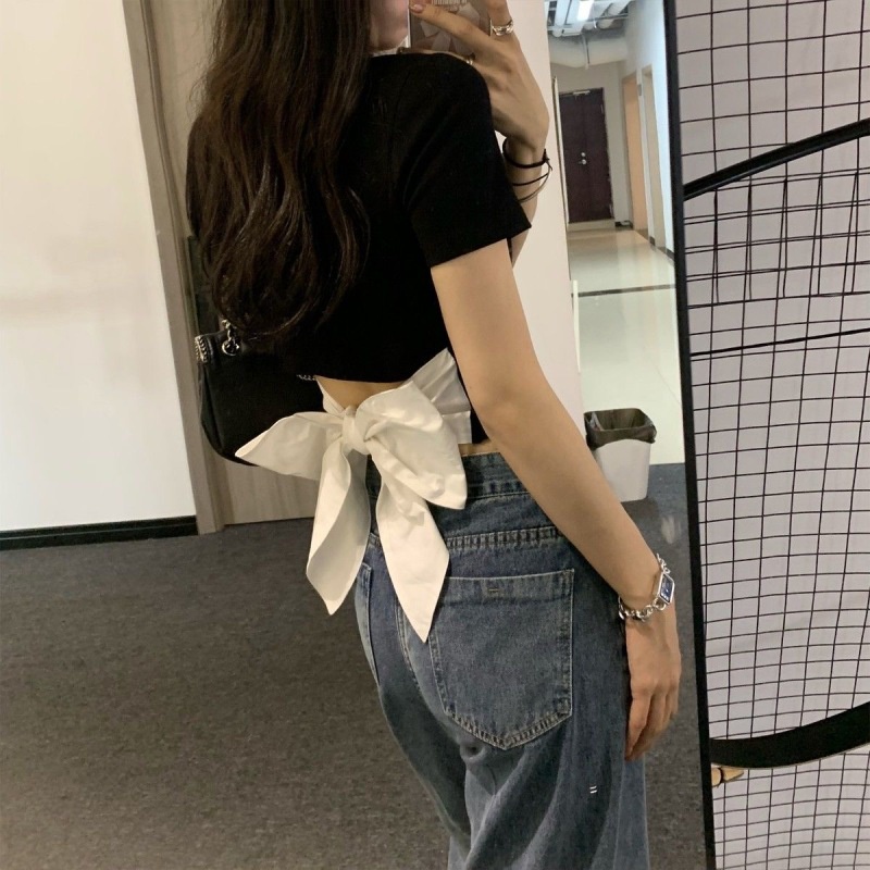 Áo Thun Dáng Ngắn Phối Nơ Quyến Rũ Thời Trang Mùa Hè Dành Cho Nữ