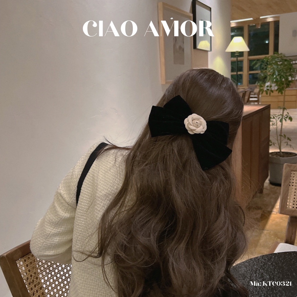 Kẹp tóc nữ, Kẹp tóc nơ to bản da lộn đính hoa CN hottrend sang trọng Phụ kiện tóc Trang sức Ciao Amor - KTC0321