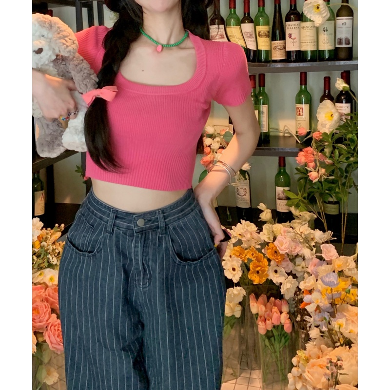 HUANG YOYO Áo Thun Tay Ngắn Dệt Kim Vải Lụa Mỏng Màu Hồng Thời Trang Mùa Hè Hàn Quốc Cho Nữ 2023 croptop