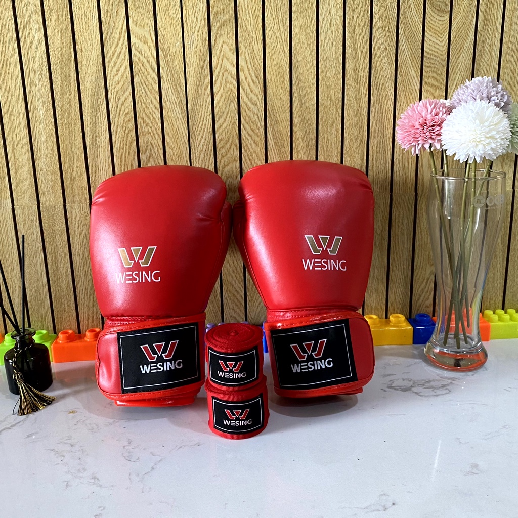 Găng Boxing WESING lõi đúc cao su nguyên khối định hình găng  đủ chuẩn thi đấu đấm bao tập luyện  tặng băng quấn tay 3m