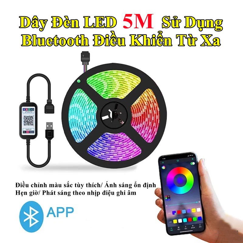 Đèn led trang trí, decor phòng ngủ, quay tiktok, dây đèn led 5m, nháy theo nhạc, 16 triệu màu đổi màu bằng App