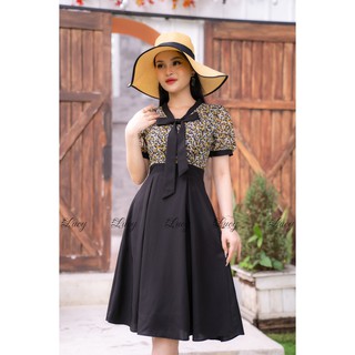 Đầm xòe phối hoa nhí cổ thắt nơ Váy Lucy Nicky 3093
