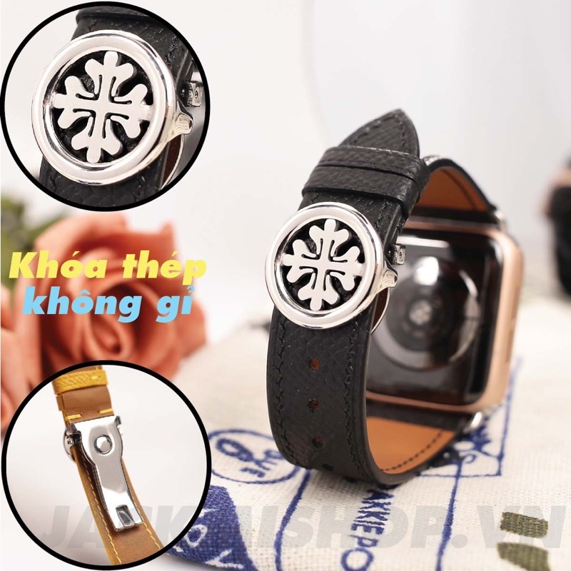 [DÂY DA THẬT] DÂY DA BÊ EPSOM MAY TAY THỦ CÔNG MÀU ĐEN KHÓA PATEK CHO APPLE WATCH SERIES 1=&gt;6 (BẢO HÀNH 1 NĂM)