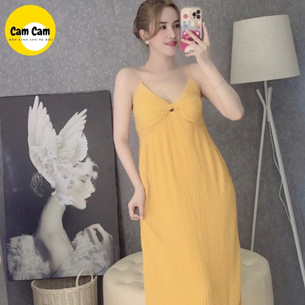 Đầm voan xếp li 2 dây xoắn ngực dáng suông  mã MAXI1001