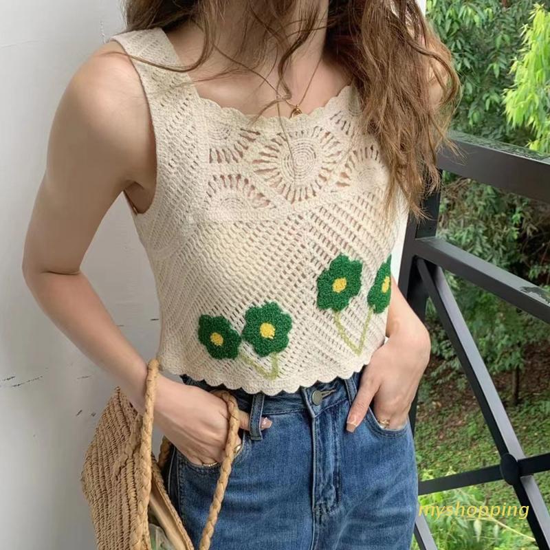 Áo Croptop Dệt Kim Không Tay Thêu Hoa Phong Cách Boho Dành Cho Nữ