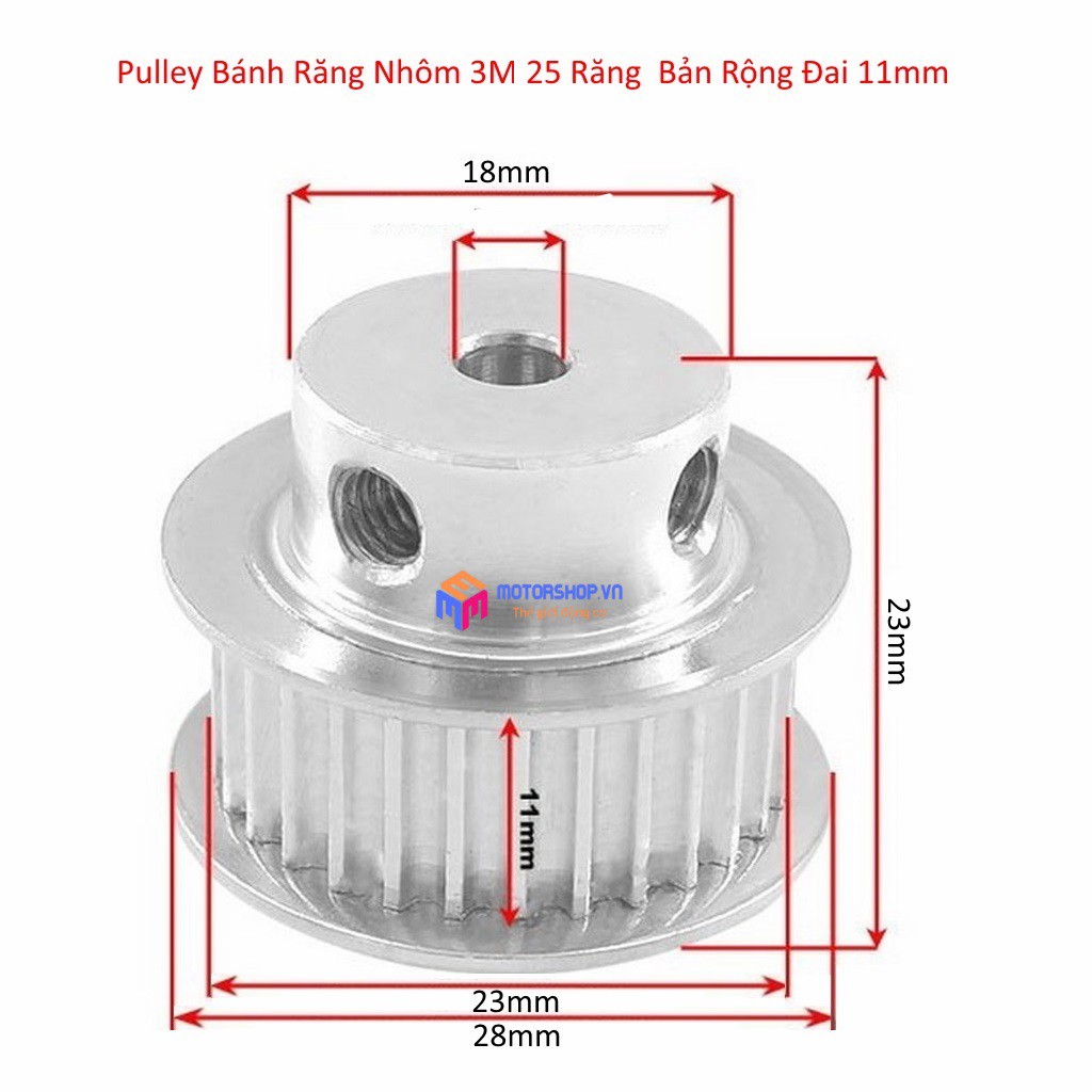 MTS Puly Bánh Răng Nhôm 3M 25 Răng Bản 11mm Trục 5, 6, 8, 12mm