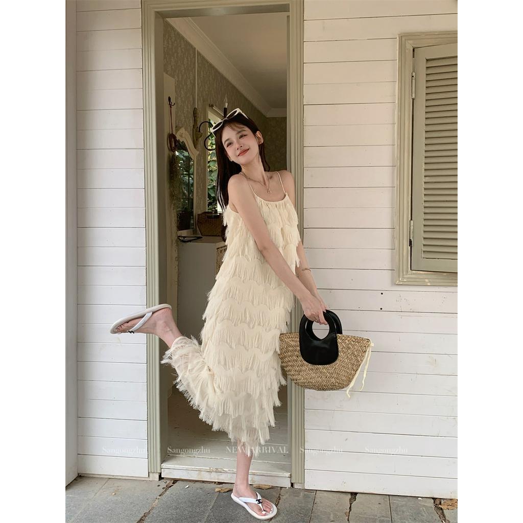 Đầm MIDI Hai Dây Dáng Rộng Phong Cách Hàn Quốc Lãng Mạn