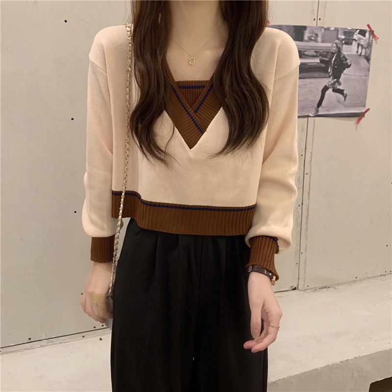 Áo sweater nữ dệt kim tay dài cổ V thời trang phong cách Hàn Quốc