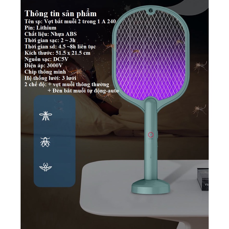 Vợt Muỗi kiêm Đèn Bắt Muỗi 2 trong 1 chế độ Auto bắt A240- Pin sạc cao cấp 1200 mah