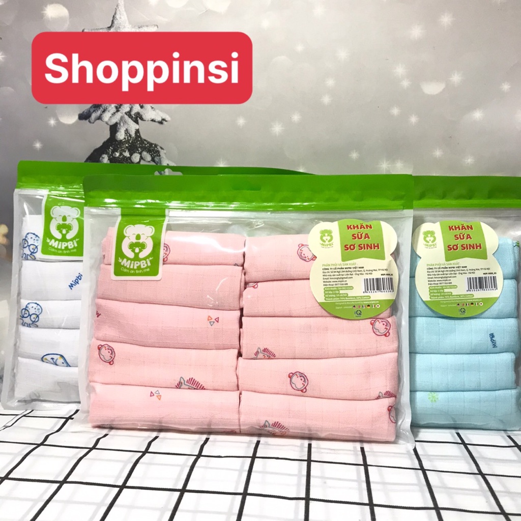 Túi 10 KHĂN SỮA SƠ SINH MIPBI DẠNG Ô VUÔNG NHỎ Chất liệu 70% bamboo + 30% cotton