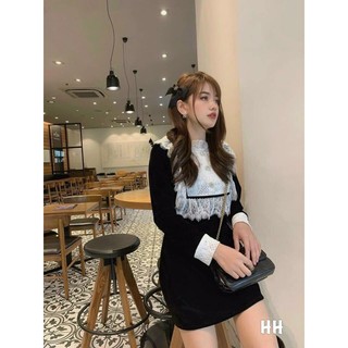 váy nhung pha cổ ren trắng tiểu thư