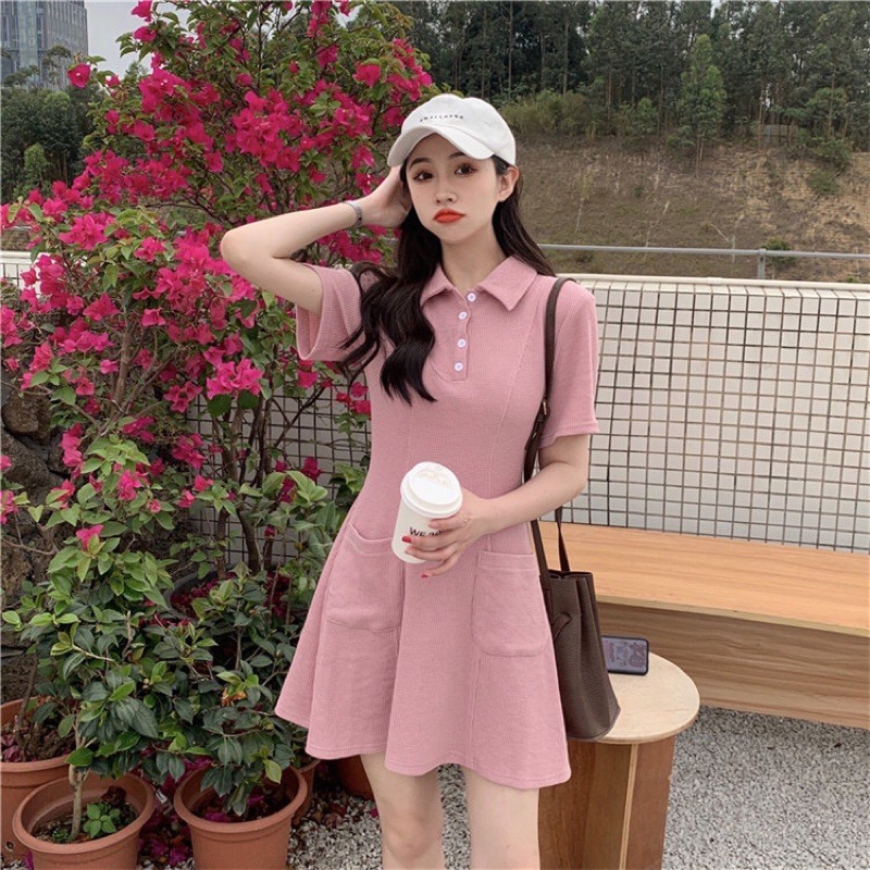 Váy, đầm polo trơn cổ sơ mi tay ngắn màu pastel