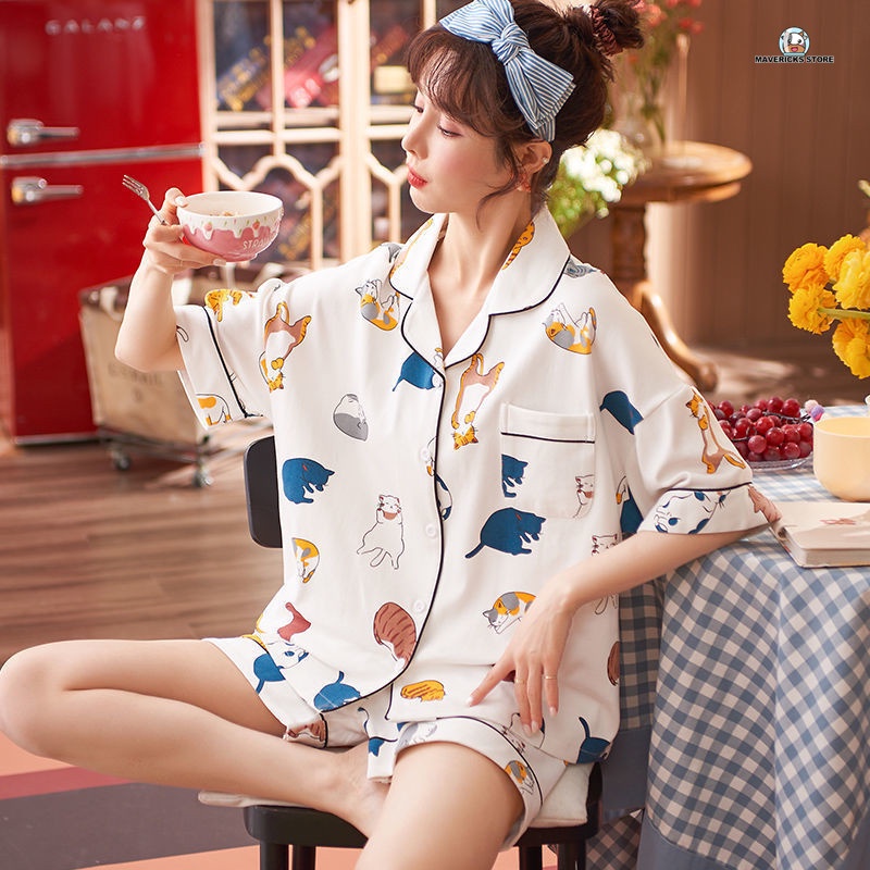 Bộ đồ ngủ ngắn tay họa tiết hoạt hình cho nữ