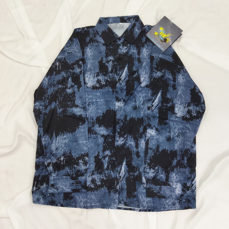 Áo sơ mi dài tay nữ nam unisex cá tính đen xanh dương loang màu