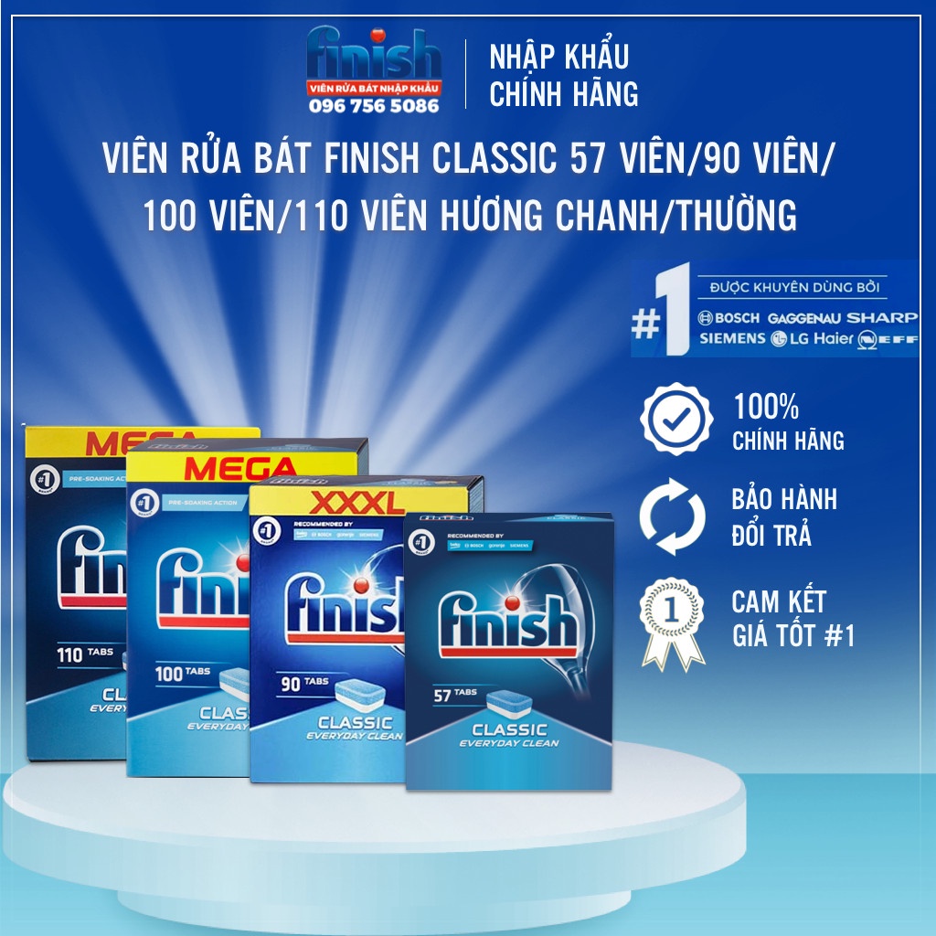 Viên rửa bát Finish Classic 57/60/90/100/110/120 viên, ngâm và làm sạch sâu các vết dầu mỡ cứng, an toàn với sức khoẻ