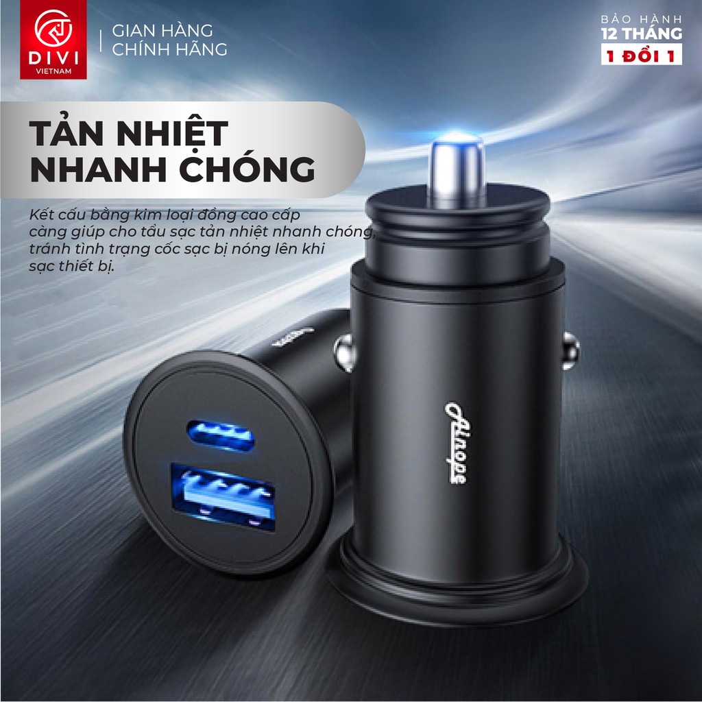 Tẩu sạc nhanh ô tô DIVI QD-H73 Sạc nhanh QC 3.0, PD Công suất 30W 2 cổng - Hàng chính hãng - Bảo hành 1 năm 1 đổi 1