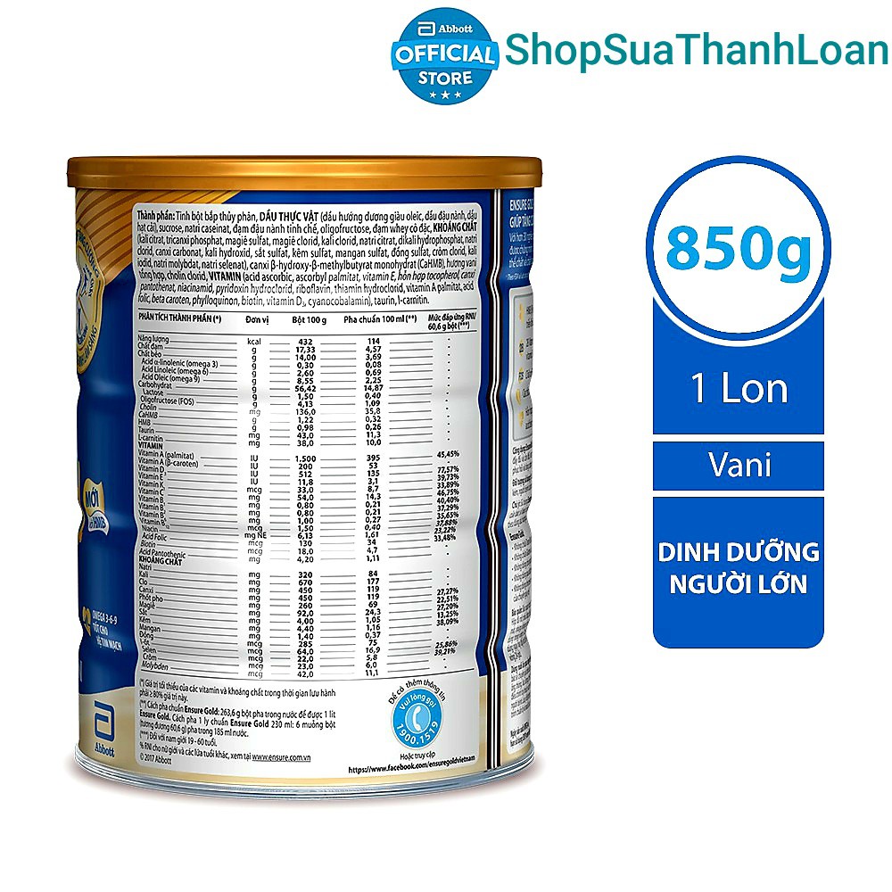 [HSD T10-2022] Sữa bột Ensure Gold Vani (HMB) - Hộp 850gr