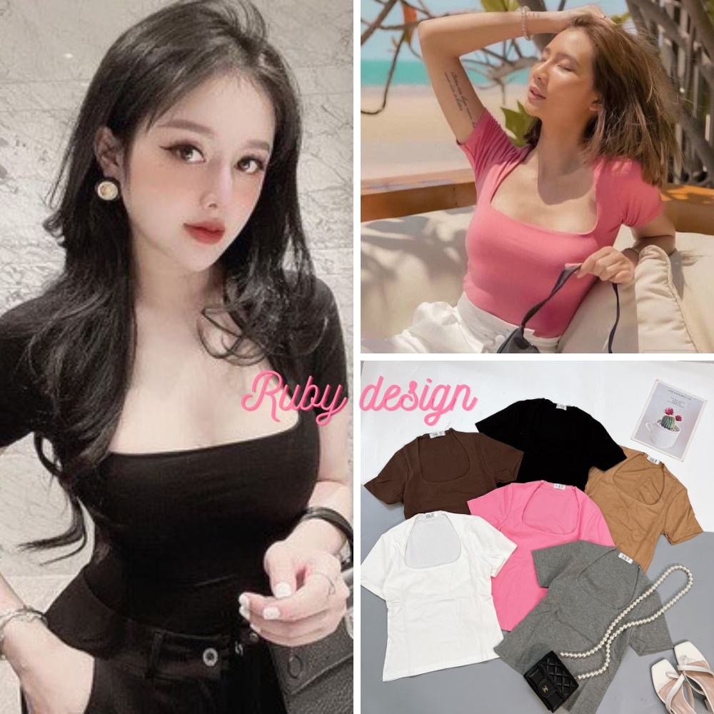 Áo thun nữ kiểu ngắn tay cổ vuông chất bozip co giãn, cổ U phom ôm nhiều màu - Ruby design
