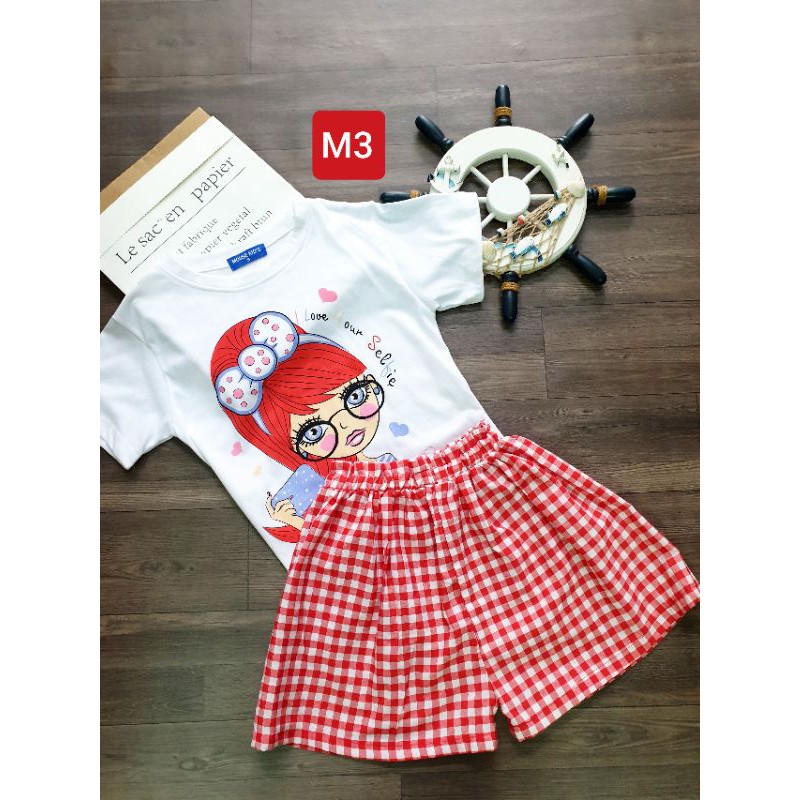 GBV11 (18KG-35KG) BỘ SET ÁO THUN COTTON & QUẦN CARO GIẢ VÁY BÉ GÁI SIZE ĐẠI SIÊU CƯNG