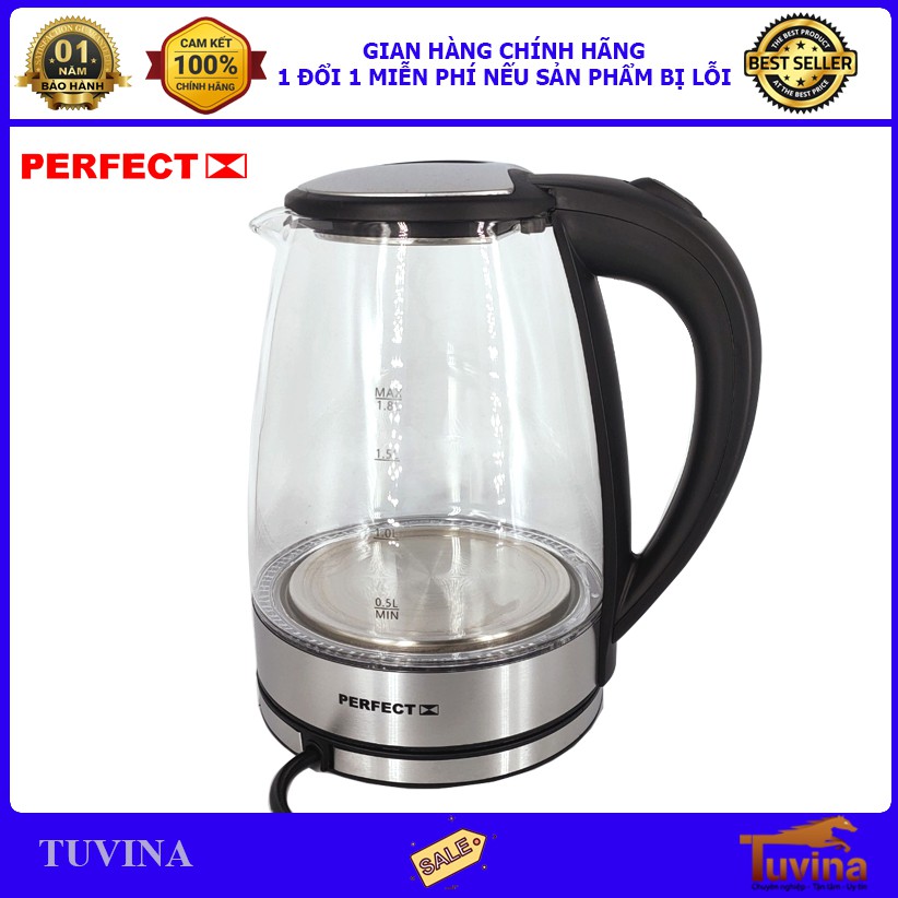 Ấm Siêu Tốc - Bình Đun Nước Siêu Tốc Thủy Tinh 1.8L 1.8 Lít Perfect PF-IN19 - Hàng Chính Hãng (Bảo Hành 12 Tháng)