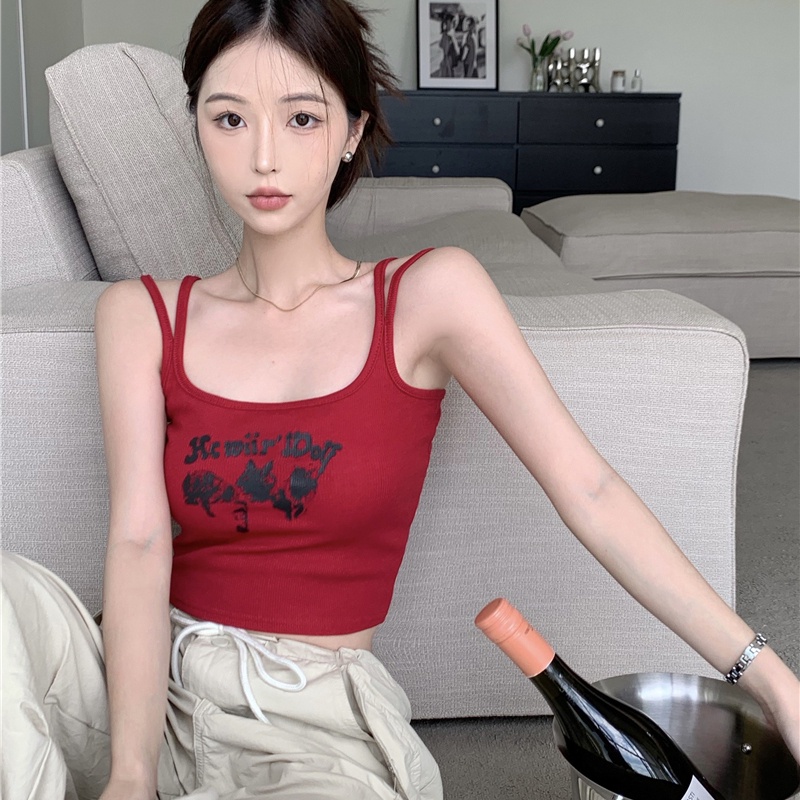Áo Hai Dây Dáng Ôm Màu Đỏ In Họa Tiết Thời Trang Mùa Hè Xinh Xắn Cho Nữ