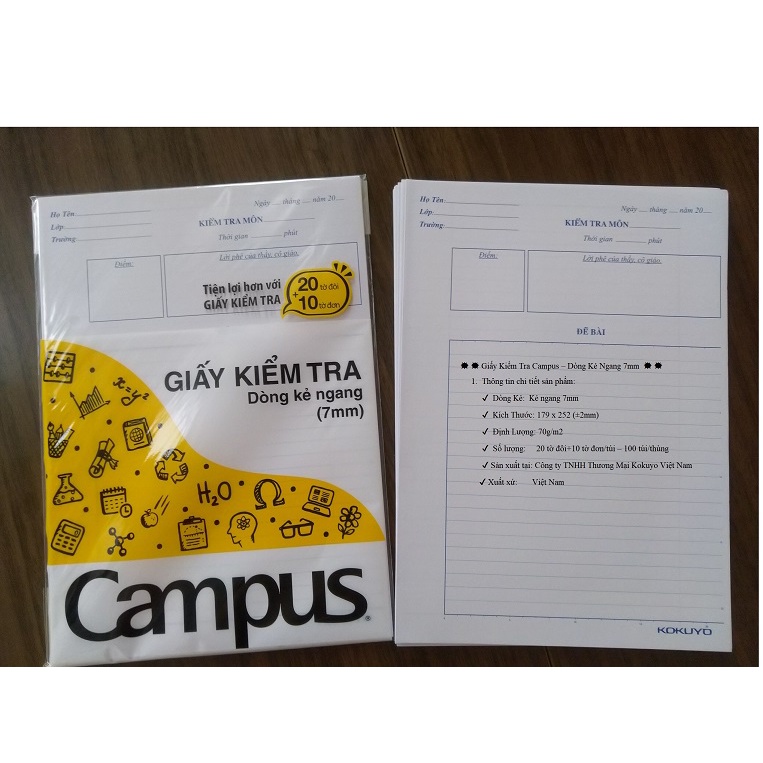 Giấy Kiểm Tra Cấp 2 Campus – Dòng Kẻ Ngang 7mm Loại 20 Tờ Đôi, 10 Tờ Đơn