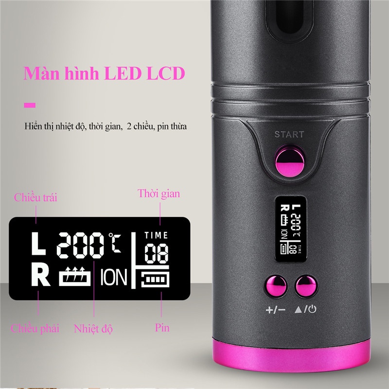Máy uốn tóc xoăn tự động không dây sạc pin 6 mức độ điều chỉnh nhiệt, pin 2500 mAh, màn LED hiển thị nhiệt độ