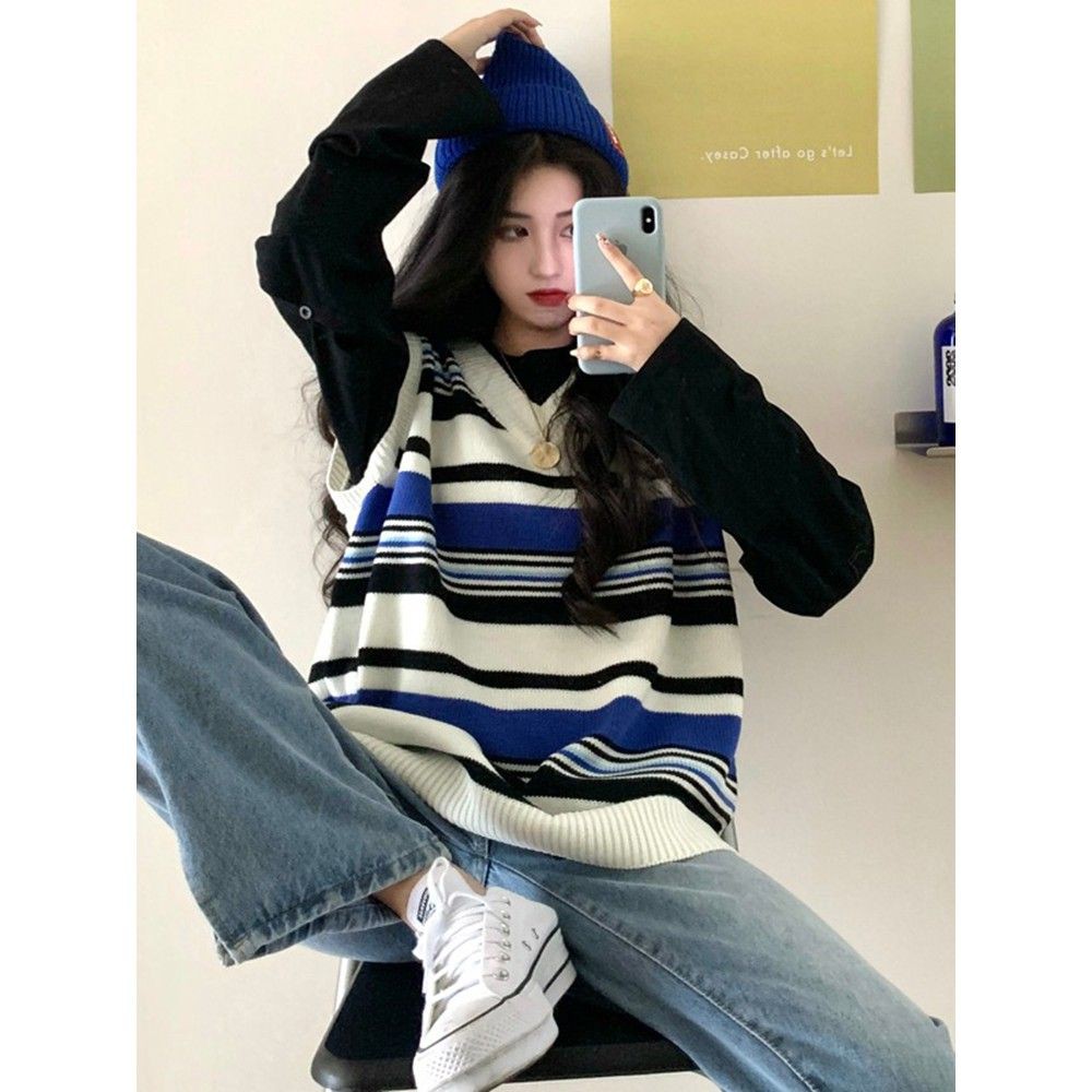 (ORDER) Áo vest Gile len dệt kim cổ V họa tiết kẻ sọc xanh đen trắng form rộng style Hàn Quốc cá tính - Có ảnh thật