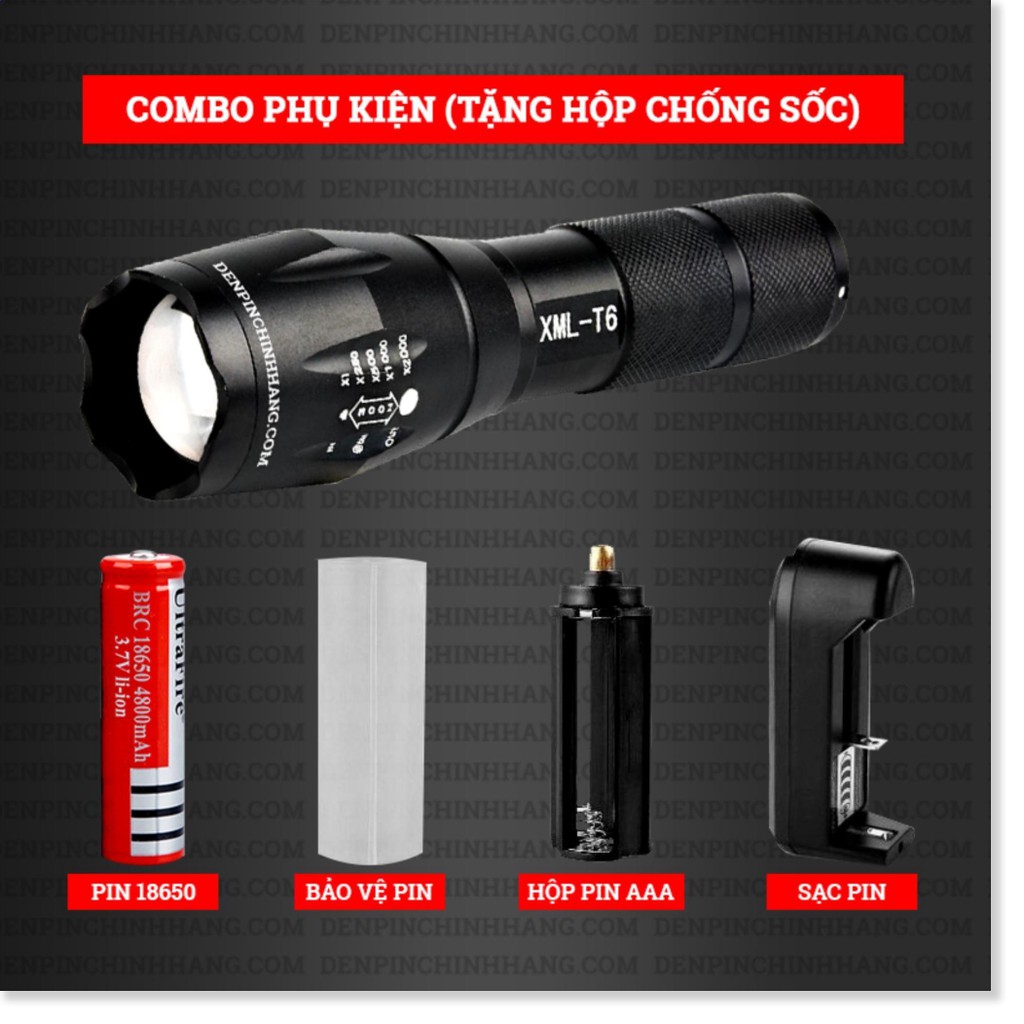 Đèn Pin Siêu Sáng - Đèn Pin chống nước 5 chế độ sáng Cao Cấp XML - T6 Zoom to nhỏ kèm Pin, đèn pin đi đêm đi rừng đa năn