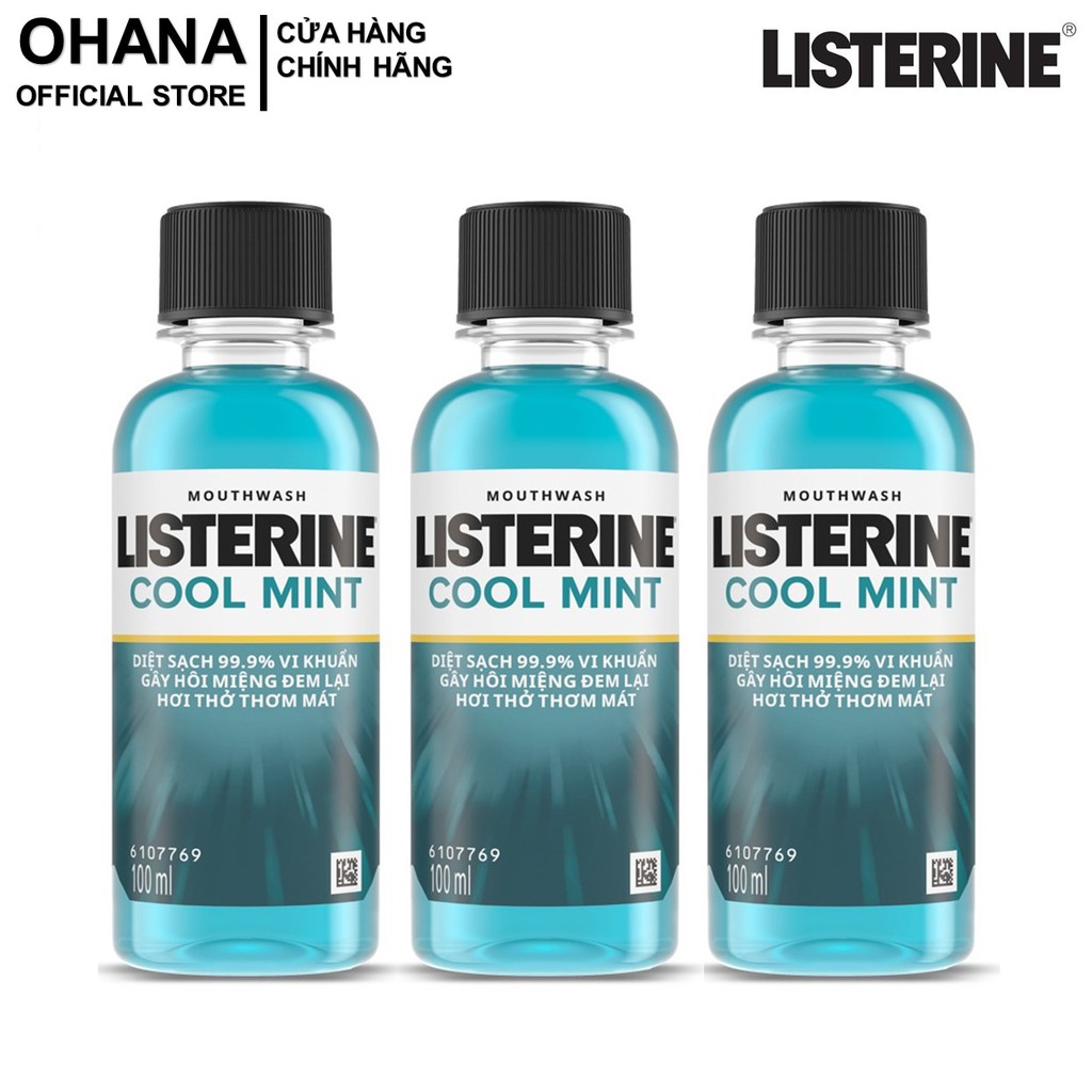 Bộ 3 Chai Nước Súc Miệng Listerine Diệt Khuẩn, Giữ Hơi Thở Thơm Mát Listerine Coolmint Mouthwash 100ml/Chai