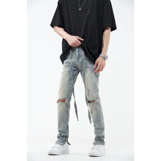 Quần Jeans xanh rách gối phối zip hàng cao cấp ss2023
