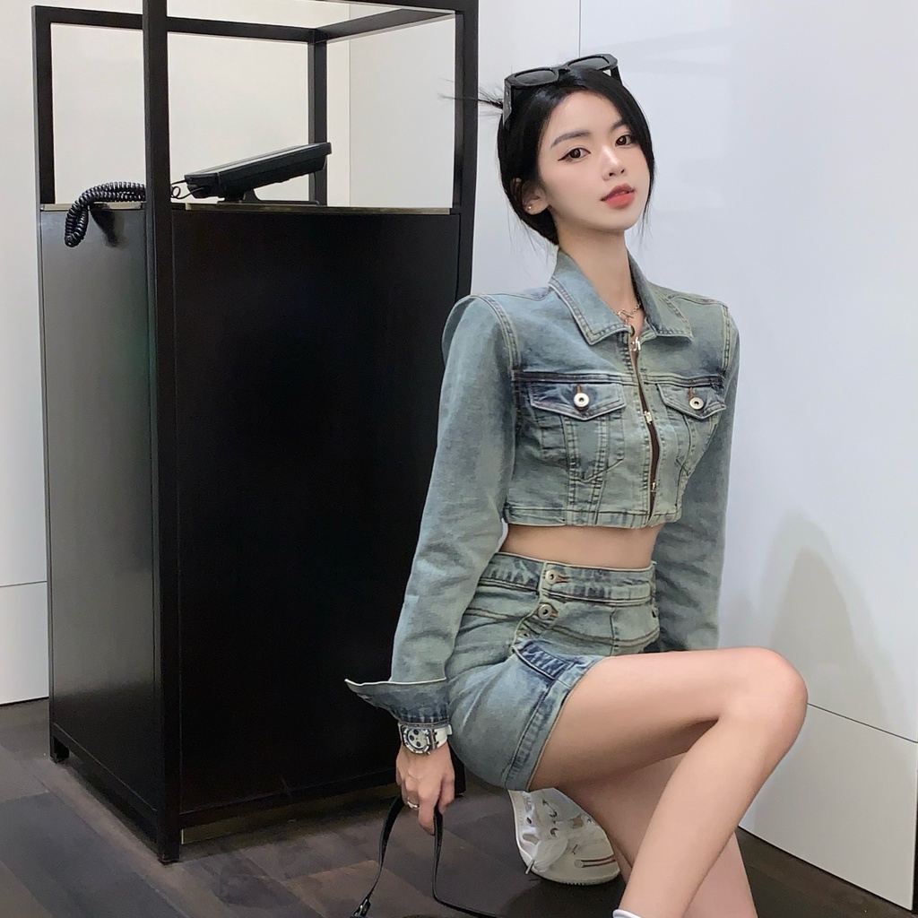 Set Áo Khoác Denim Tay Dài + Chân Váy Denim Eo Cao Phong Cách Hàn Quốc Mới Cho Nữ