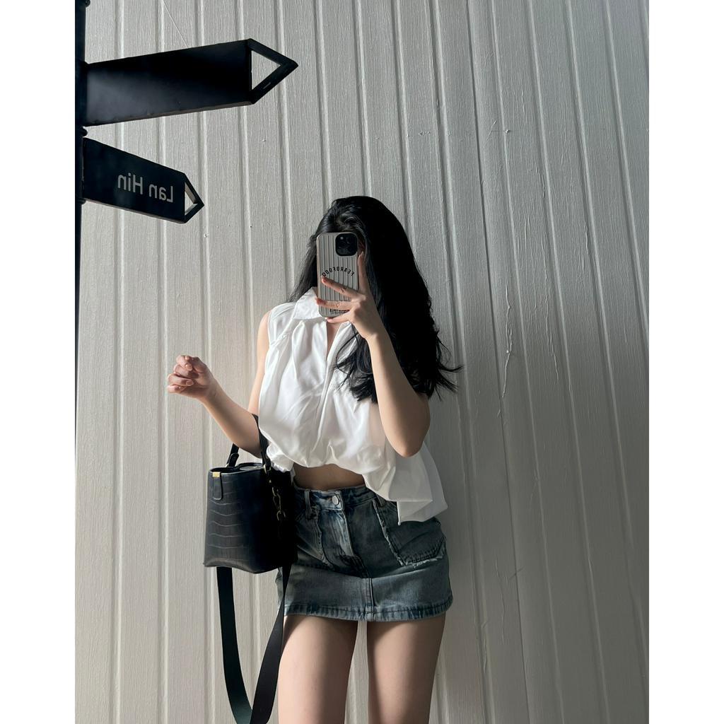 Áo Sơ Mi Crop Xếp Li Chun Bồng 2 Lớp