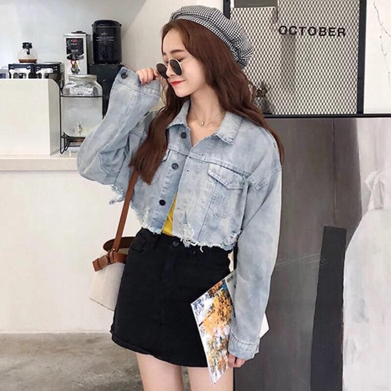 Áo khoác jean nữ, áo bò rách croptop tay bồng dáng ngắn phong cách ulzzang hàn quốc, TONGKHOQUANAONU