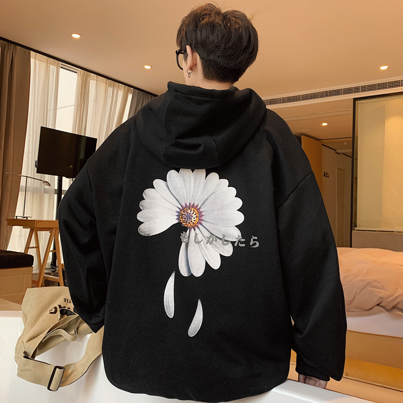 Áo hoodie dáng rộng dài tay in họa tiết hoa cúc thời trang Nhật Bản cỡ M-5XL cho nam