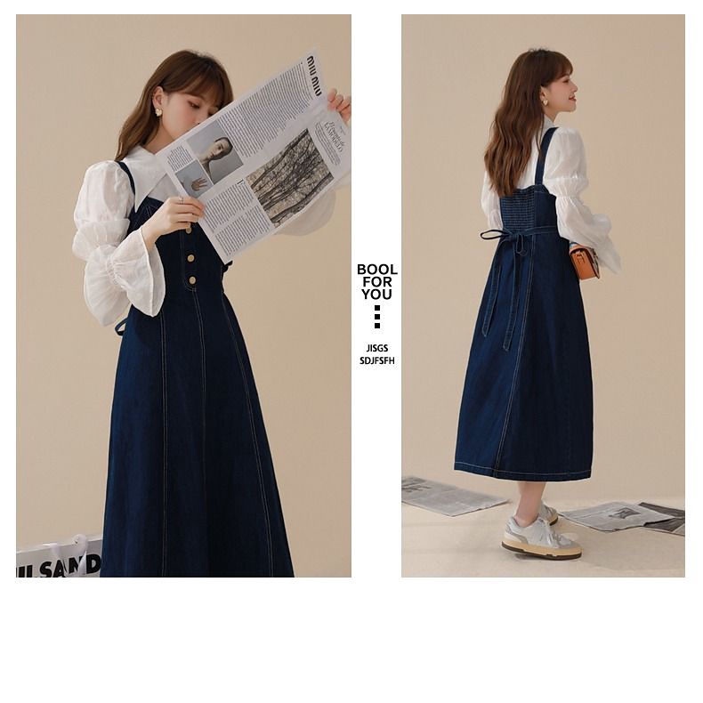 Set đầm yếm denim màu xanh lam đậm kiểu Hàn Quốc duyên dáng dành cho nữ (có bán lẻ áo sơ mi / đầm)