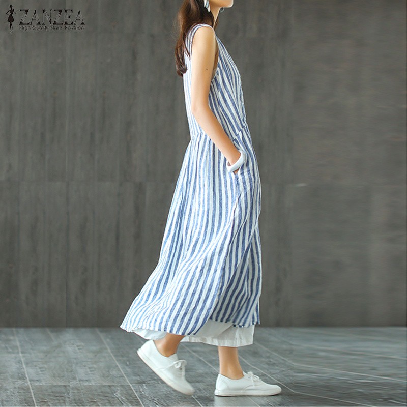 Đầm sát nách form rộng họa tiết kẻ sọc thời trang dành cho nữ | BigBuy360 - bigbuy360.vn